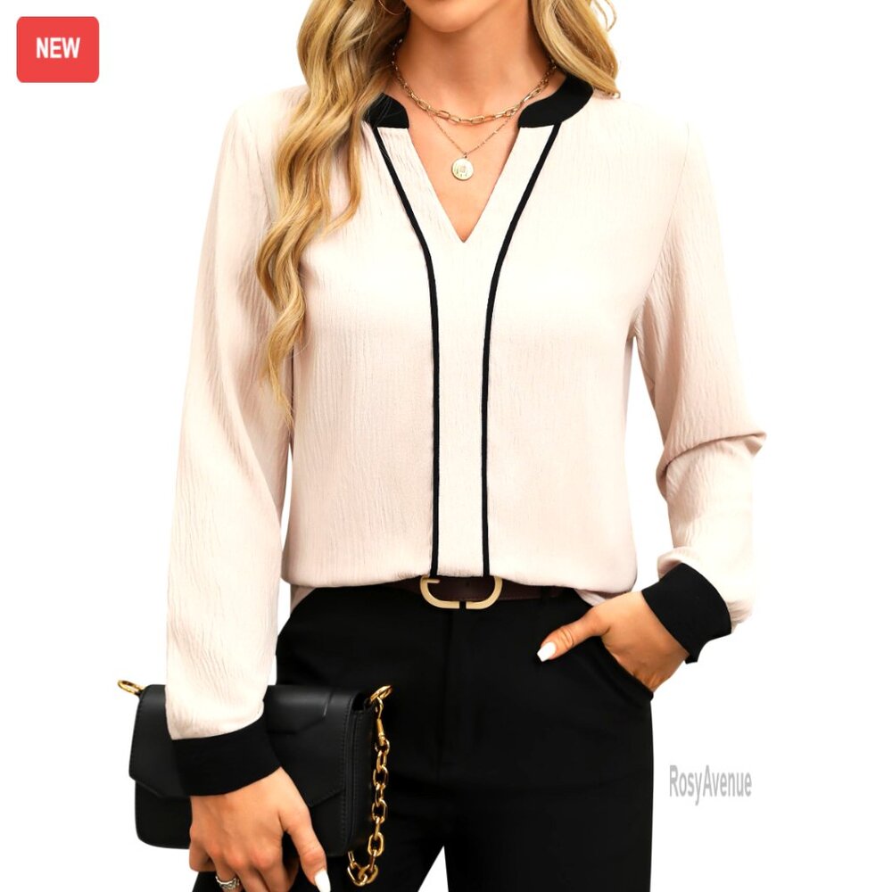 Long Sleeve V-Neck Blouse Color Block Business Casual Top Recycled Polyester